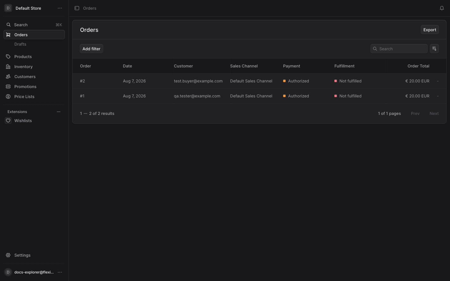 Admin thật — danh sách Đơn hàng (Medusa v2.15.5)